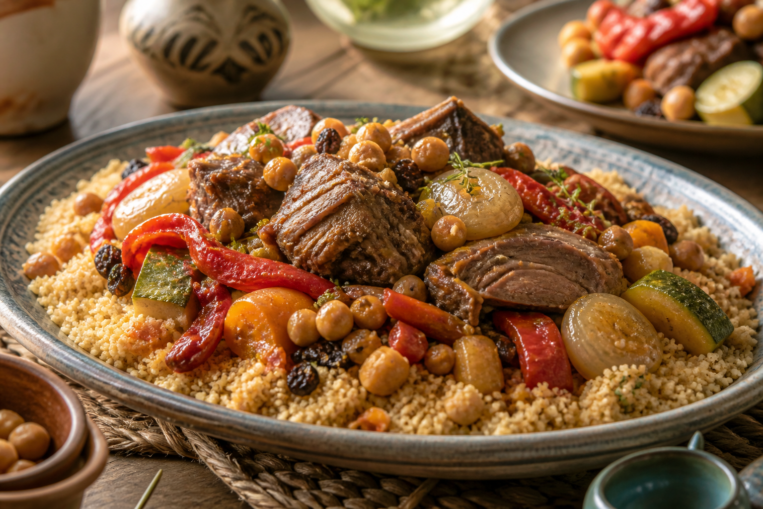 Cuscús con cordero, verduras y cebolla confitada