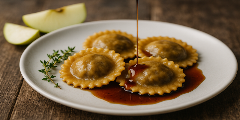 Raviolis de Poma i Botifarra Negre (Am Reducció de Ratafia)